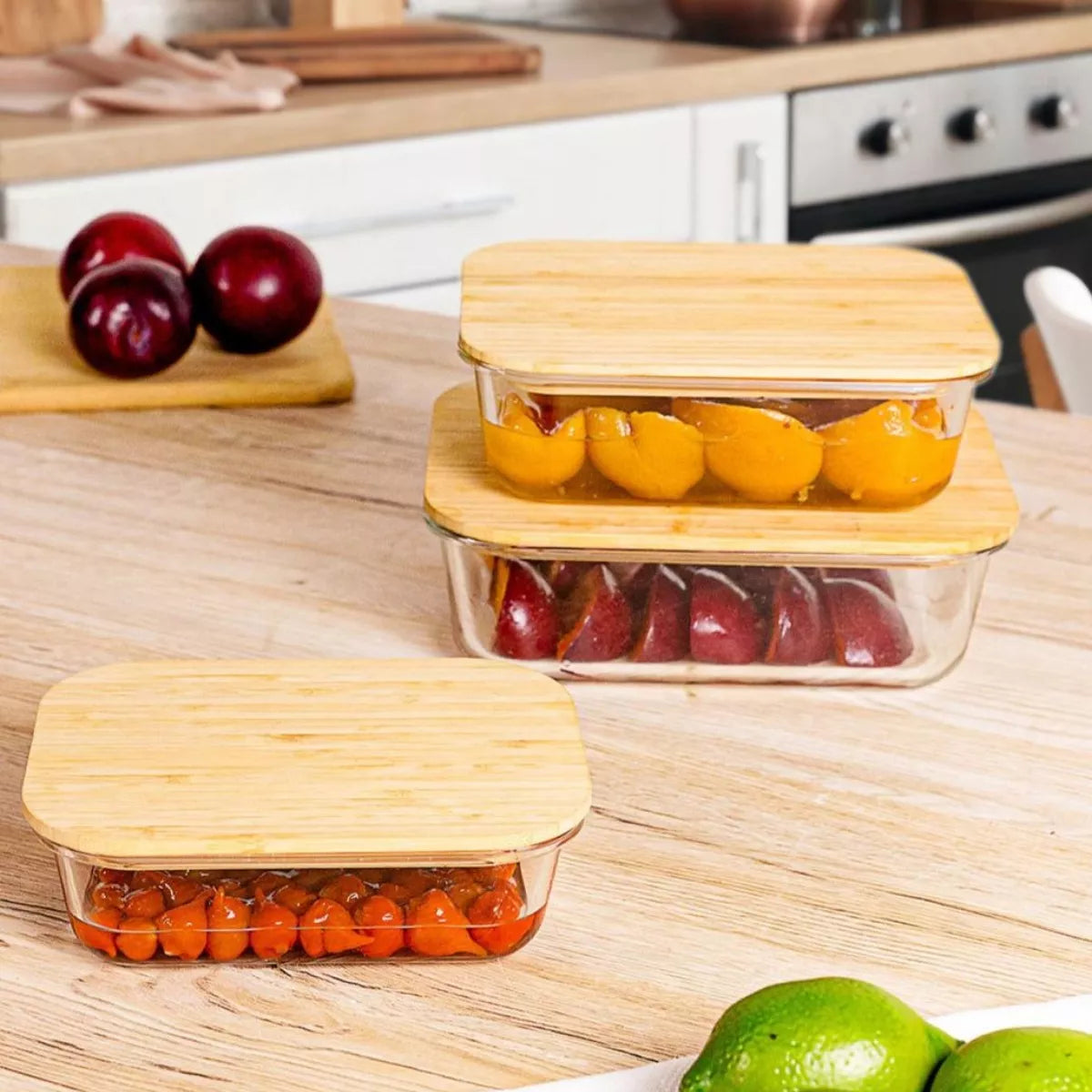 Potes Herméticos de Vidro Tioeasy™ - Tampa de Bambu - Kit 3 Potes - Tio Juanico