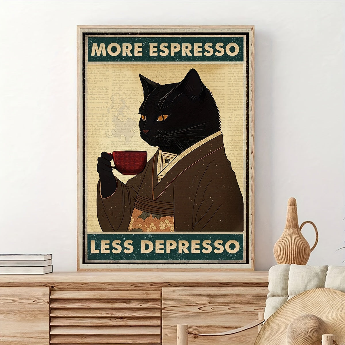 Quadro Decorativo Canvas Tioeasy™ — More Espresso & Gato Preto para Cozinha, Café ou Sala