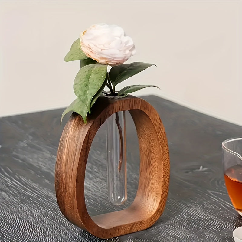 1pc Elegant Walnut Wood Vase with Glass Tube – Modern Minimalist Design for Home, Hotel, and Apartment Decor | Perfect Gift Idea to Enhance Aesthetic Appeal, Decorative Vase | Stylish Planter | Glass Tube Design, Vases Home