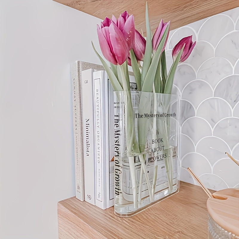 1pc Vintage Style Acrylic Book-Shaped Vase, Transparent Square Flower Vase for Bookshelf Decor, Aesthetic Room Decoration with No Battery Required for Home/Bedroom/Office