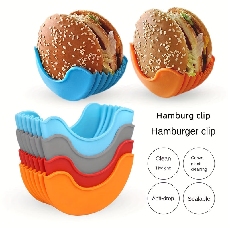 4pcs Food Clip Food Tray Silicone Hamburger Clip Portable No-contact Hamburger Fixed Box Washable Retractable Hamburger Tray