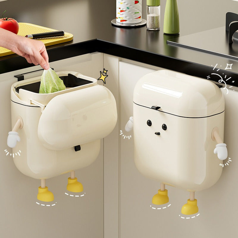 1pc Cute Cartoon Wall-Mounted Trash Can with Hooks - Durable PP, Large Capacity Hanging Waste Bin, Space-Efficient No-Drill Design for Kitchen & Bathroom Organization