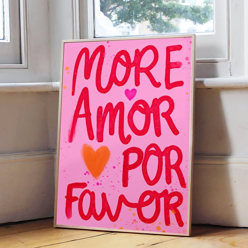 1pcs More Amor Por Favor Wall Art Bright, Stylish And Modern Pink Canvas Poster with Love Quotes Decorative Poster for Home Bedroom