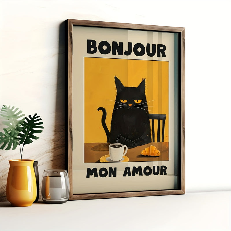 1pc Black Cat Breakfast Art Poster - "Bonjour Mon Amour" Retro Style Wall Decor, Unframed Canvas Print, Suitable for Kitchen, Restaurant or Bedroom, French Theme Cat Pattern, Warm Color, Bedroom Decoration | Contemporary Art