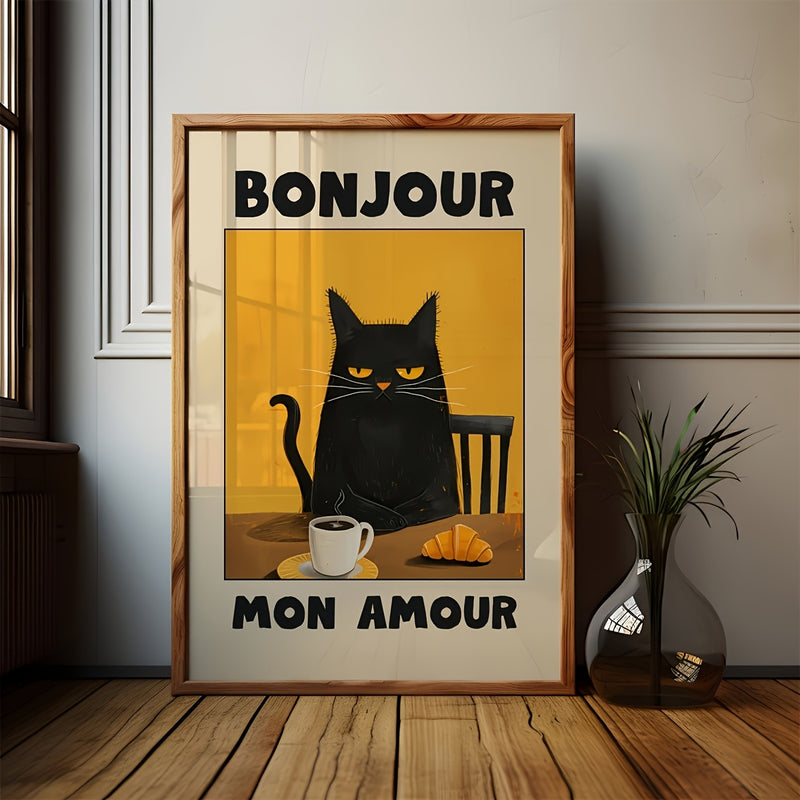 1pc Black Cat Breakfast Art Poster - "Bonjour Mon Amour" Retro Style Wall Decor, Unframed Canvas Print, Suitable for Kitchen, Restaurant or Bedroom, French Theme Cat Pattern, Warm Color, Bedroom Decoration | Contemporary Art