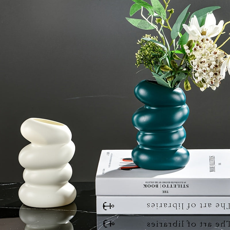 Modern Spiral Round Vase - Plastic Material, Nordic Style Aesthetic Decoration, Suitable for Flower Arrangement, Suitable for Home, Living Room, Bedroom Decoration, Festival Decoration, White and Green Available