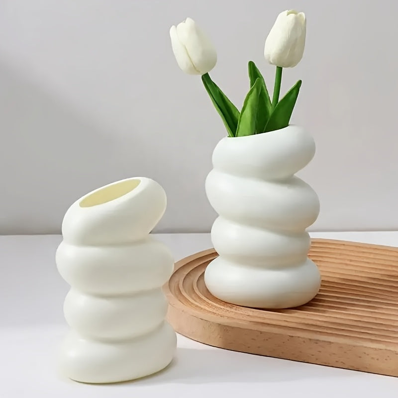 Modern Spiral Round Vase - Plastic Material, Nordic Style Aesthetic Decoration, Suitable for Flower Arrangement, Suitable for Home, Living Room, Bedroom Decoration, Festival Decoration, White and Green Available