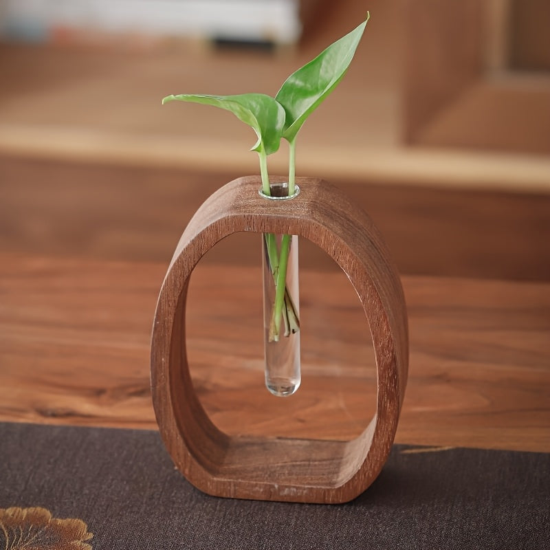1pc Elegant Walnut Wood Vase with Glass Tube – Modern Minimalist Design for Home, Hotel, and Apartment Decor | Perfect Gift Idea to Enhance Aesthetic Appeal, Decorative Vase | Stylish Planter | Glass Tube Design, Vases Home