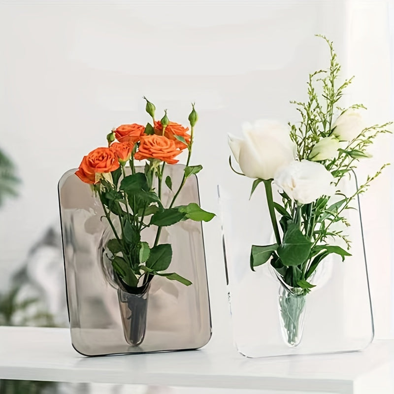 Art Deco Style Acrylic Resin Bud Vase - Geometric Transparent Oblong Flower Vase - Creative Picture Frame Design - Decorative Home Office Desktop Accessory, Small Gift (1 Piece, Flowers Not Included)