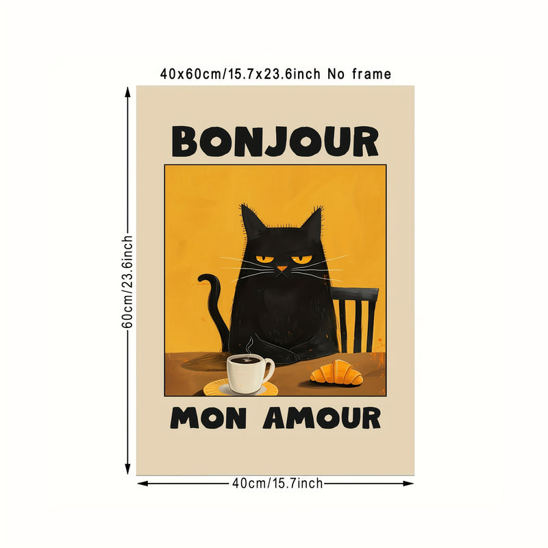 1pc Black Cat Breakfast Art Poster - "Bonjour Mon Amour" Retro Style Wall Decor, Unframed Canvas Print, Suitable for Kitchen, Restaurant or Bedroom, French Theme Cat Pattern, Warm Color, Bedroom Decoration | Contemporary Art