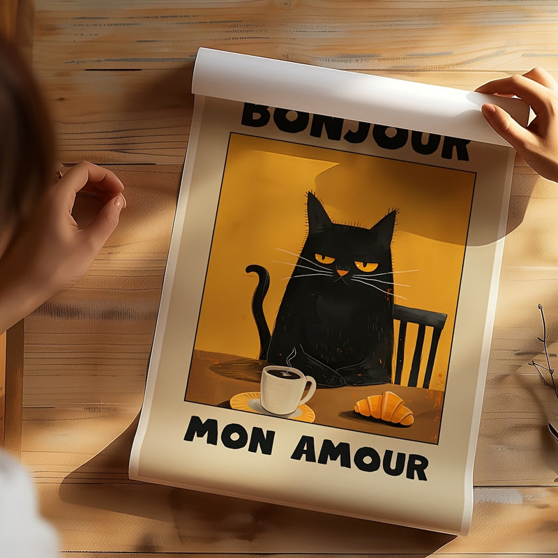 1pc Black Cat Breakfast Art Poster - "Bonjour Mon Amour" Retro Style Wall Decor, Unframed Canvas Print, Suitable for Kitchen, Restaurant or Bedroom, French Theme Cat Pattern, Warm Color, Bedroom Decoration | Contemporary Art