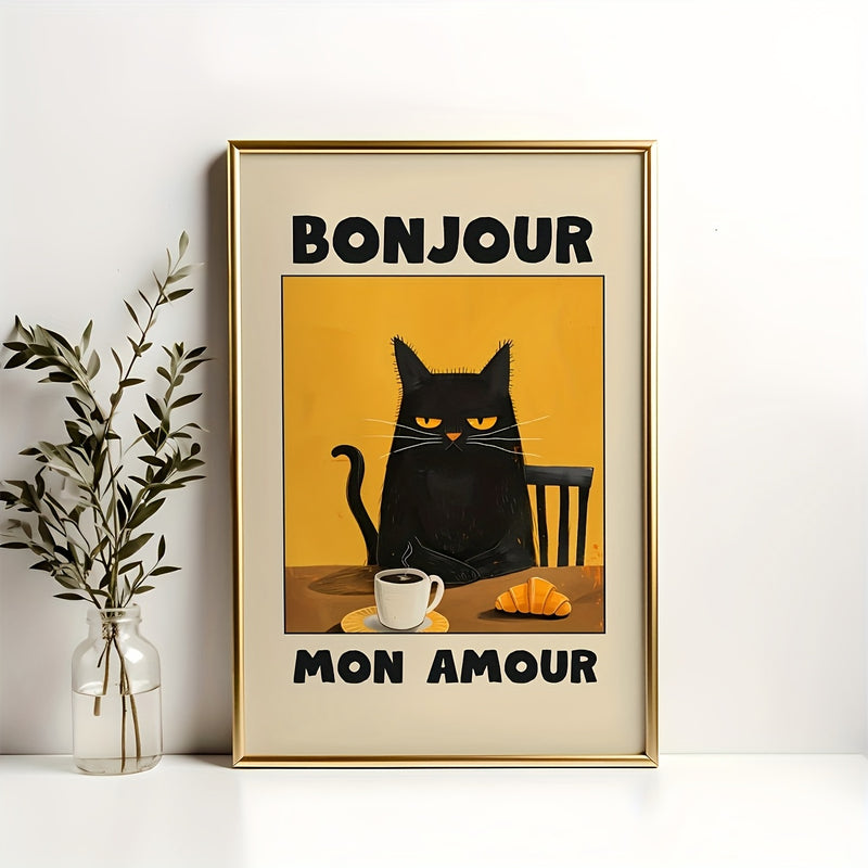 1pc Black Cat Breakfast Art Poster - "Bonjour Mon Amour" Retro Style Wall Decor, Unframed Canvas Print, Suitable for Kitchen, Restaurant or Bedroom, French Theme Cat Pattern, Warm Color, Bedroom Decoration | Contemporary Art