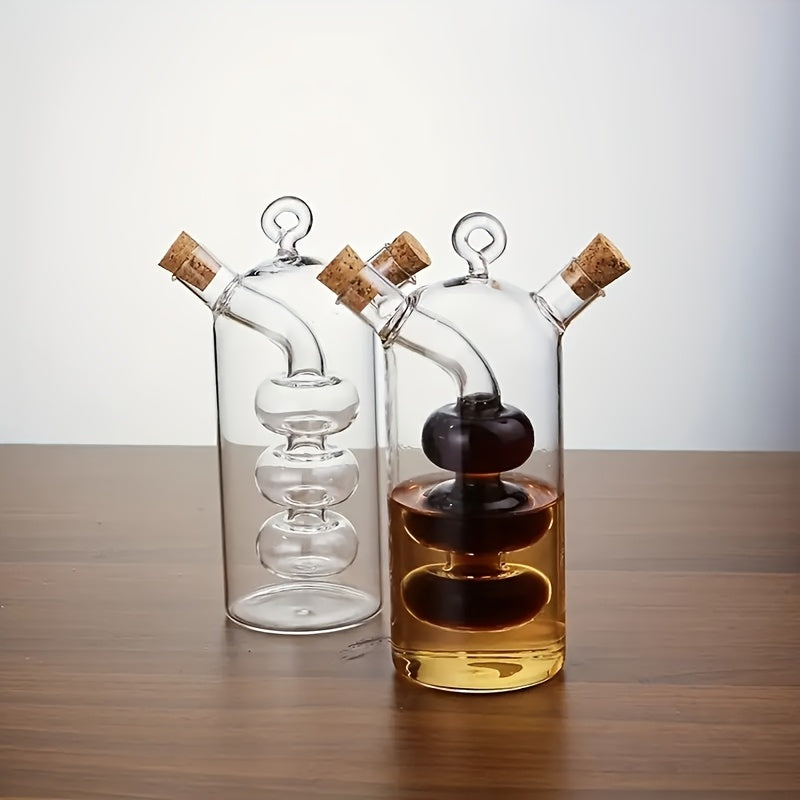 2-in-1 Glass Olive Oil and Vinegar Dispenser with Cork Stopper - Transparent Kitchen Cooking Container, Dual-Spout Design for Easy Measuring, Oil Bottle, Kitchen Supplies, Restaurant Back-of-House Seasoning Container