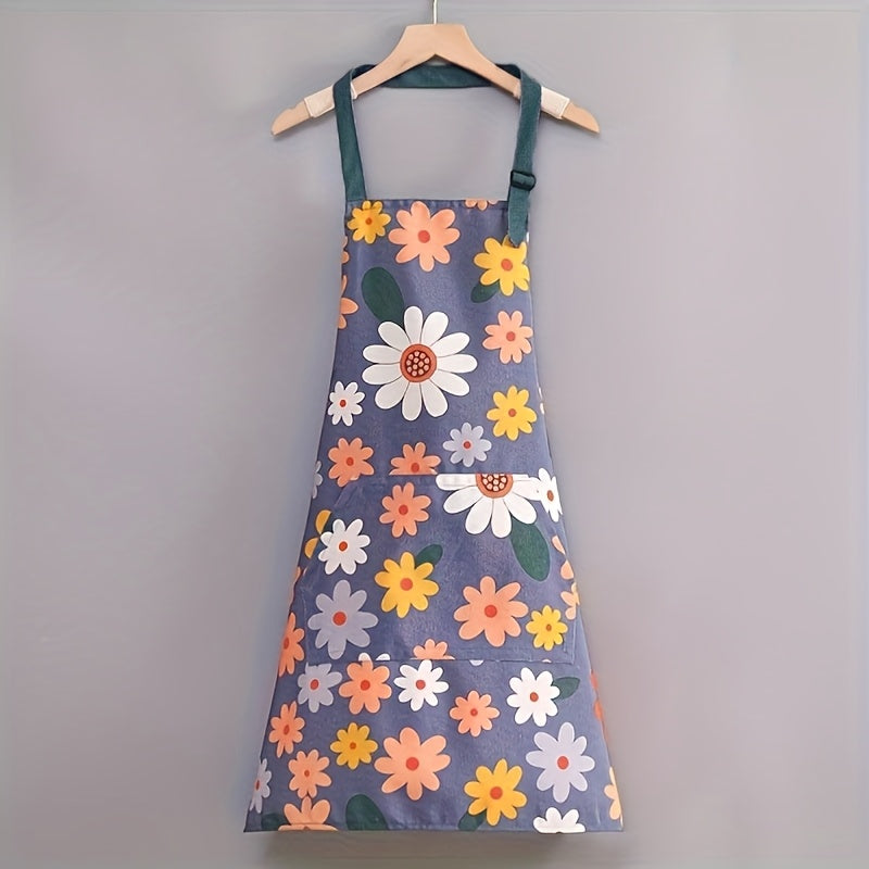 1pc Women's Floral Print Apron - Unisex Hanging Neck Style, Polyester Blend Fabric, Colorful Daisy Pattern, Adjustable Straps, Perfect for Cooking & Kitchen Use, Unisex Apron | Playful Style Apron | Comfortable Fitting