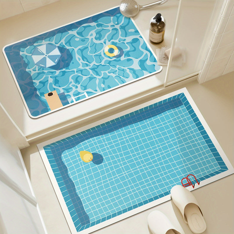 Non-slip Rubber Bottom Bath Mat, Quick-drying Soft Polyester Bath Mat, Hand Wash Only, Cartoon Swimming Pool Print, Home and Bathroom Decoration, 2200g/sqm