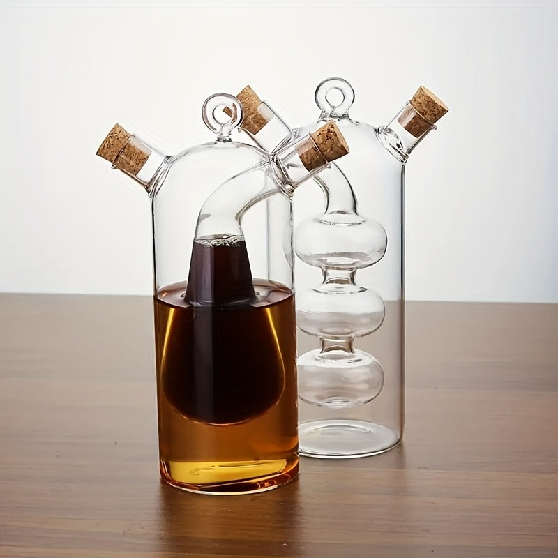 2-in-1 Glass Olive Oil and Vinegar Dispenser with Cork Stopper - Transparent Kitchen Cooking Container, Dual-Spout Design for Easy Measuring, Oil Bottle, Kitchen Supplies, Restaurant Back-of-House Seasoning Container