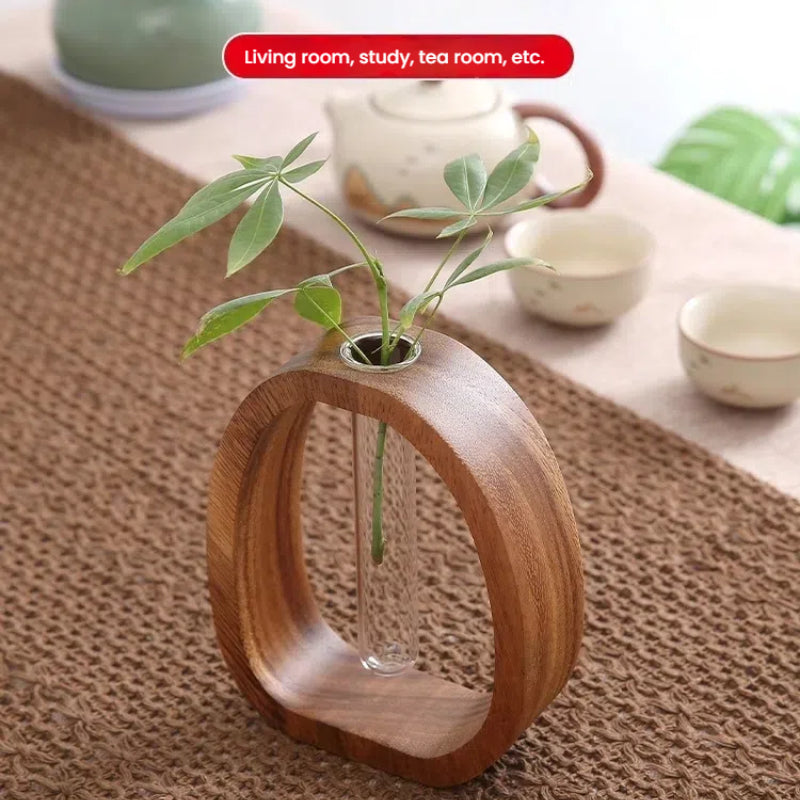 1pc Elegant Walnut Wood Vase with Glass Tube – Modern Minimalist Design for Home, Hotel, and Apartment Decor | Perfect Gift Idea to Enhance Aesthetic Appeal, Decorative Vase | Stylish Planter | Glass Tube Design, Vases Home