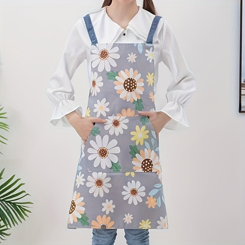 1pc Women's Floral Print Apron - Unisex Hanging Neck Style, Polyester Blend Fabric, Colorful Daisy Pattern, Adjustable Straps, Perfect for Cooking & Kitchen Use, Unisex Apron | Playful Style Apron | Comfortable Fitting