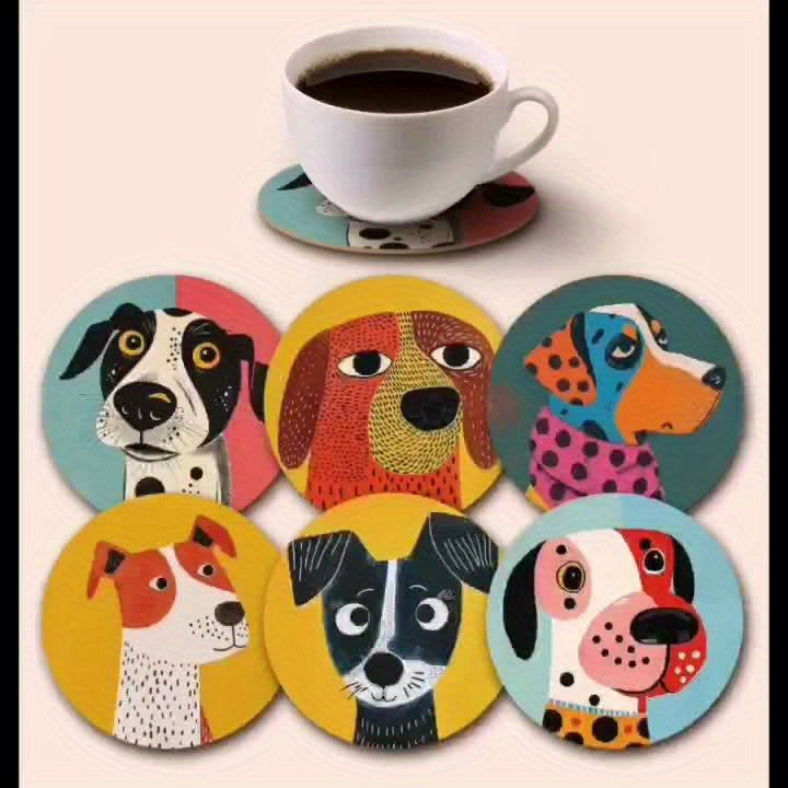 6pcs Charming Dog Illustration Wooden Coasters - 9.98cm Round, Colorful Coffee & Tea Cup Mats, Ideal for Home & Restaurant Decor, Perfect Holiday Gift, Hand Washable, Dog Decor
