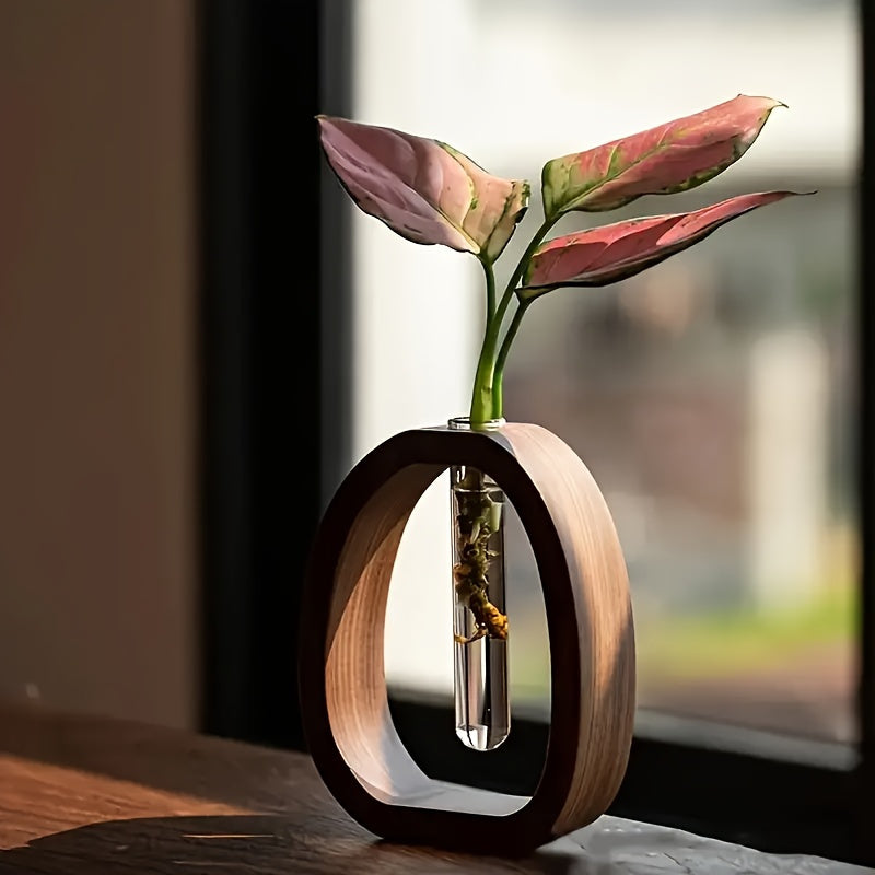 1pc Elegant Walnut Wood Vase with Glass Tube – Modern Minimalist Design for Home, Hotel, and Apartment Decor | Perfect Gift Idea to Enhance Aesthetic Appeal, Decorative Vase | Stylish Planter | Glass Tube Design, Vases Home