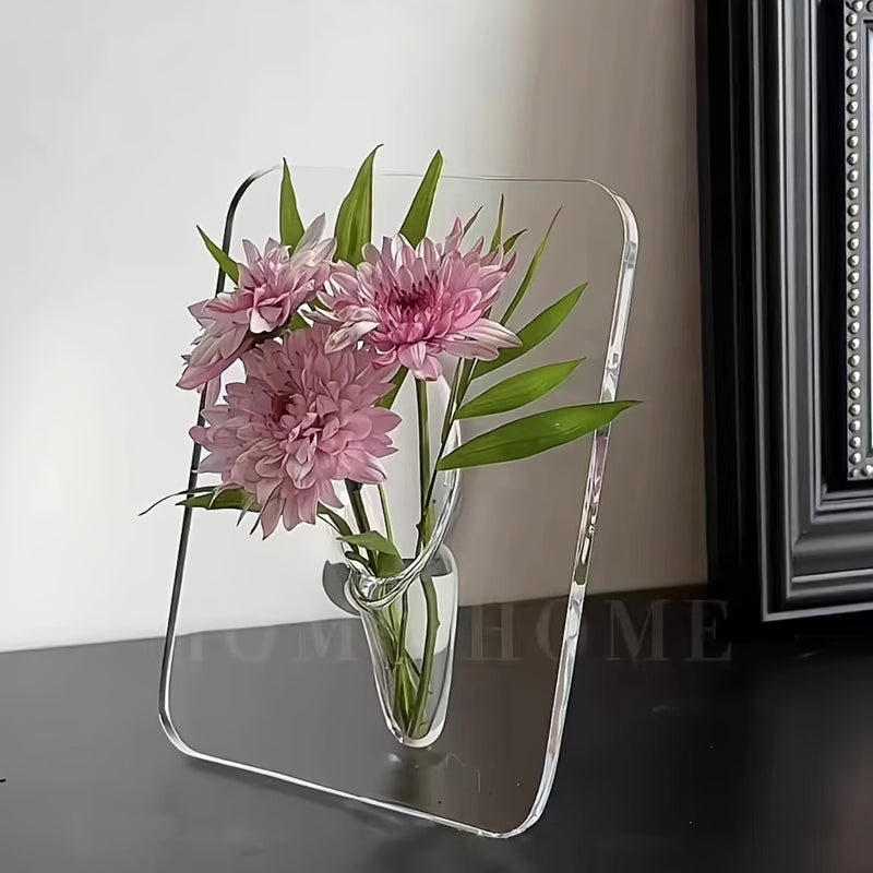 Art Deco Style Acrylic Resin Bud Vase - Geometric Transparent Oblong Flower Vase - Creative Picture Frame Design - Decorative Home Office Desktop Accessory, Small Gift (1 Piece, Flowers Not Included)