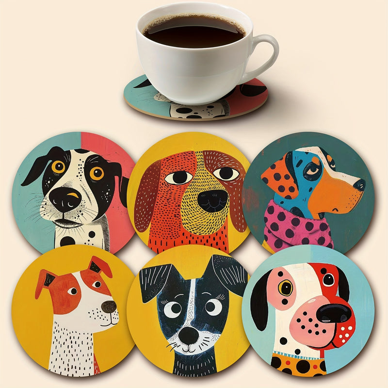 6pcs Charming Dog Illustration Wooden Coasters - 9.98cm Round, Colorful Coffee & Tea Cup Mats, Ideal for Home & Restaurant Decor, Perfect Holiday Gift, Hand Washable, Dog Decor