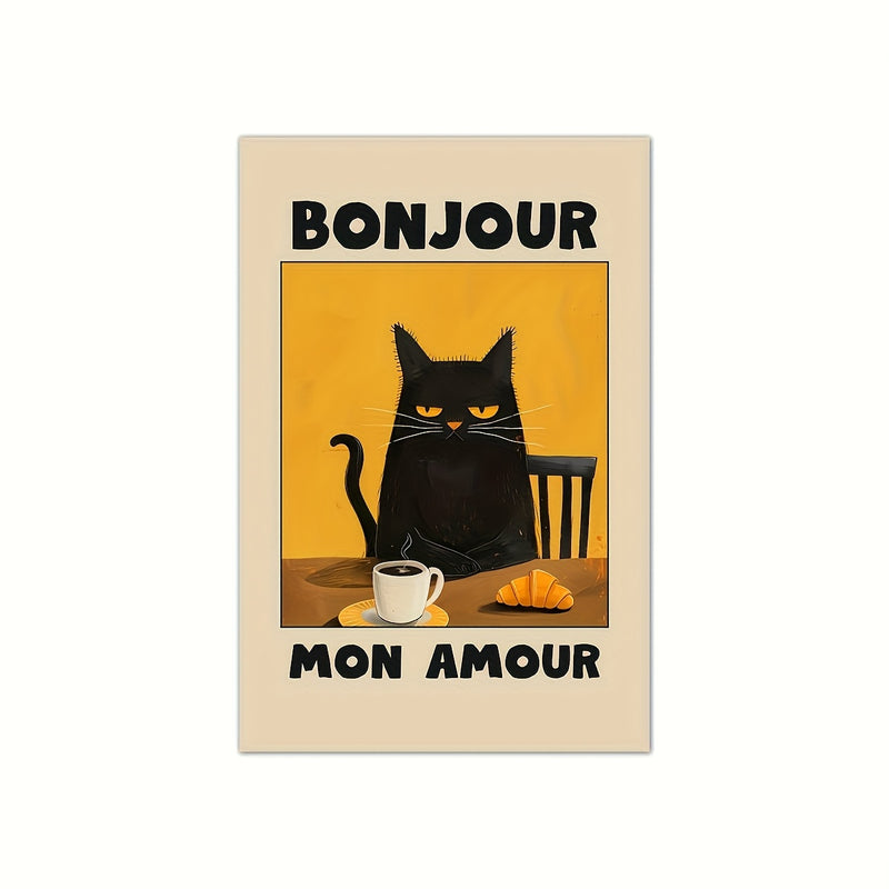 1pc Black Cat Breakfast Art Poster - "Bonjour Mon Amour" Retro Style Wall Decor, Unframed Canvas Print, Suitable for Kitchen, Restaurant or Bedroom, French Theme Cat Pattern, Warm Color, Bedroom Decoration | Contemporary Art