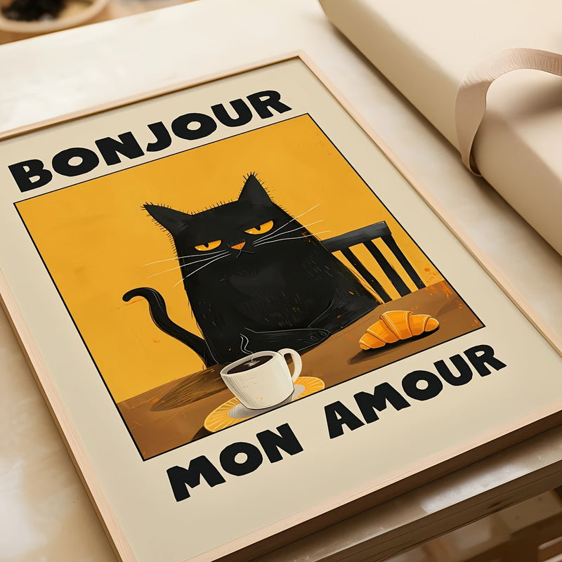 1pc Black Cat Breakfast Art Poster - "Bonjour Mon Amour" Retro Style Wall Decor, Unframed Canvas Print, Suitable for Kitchen, Restaurant or Bedroom, French Theme Cat Pattern, Warm Color, Bedroom Decoration | Contemporary Art