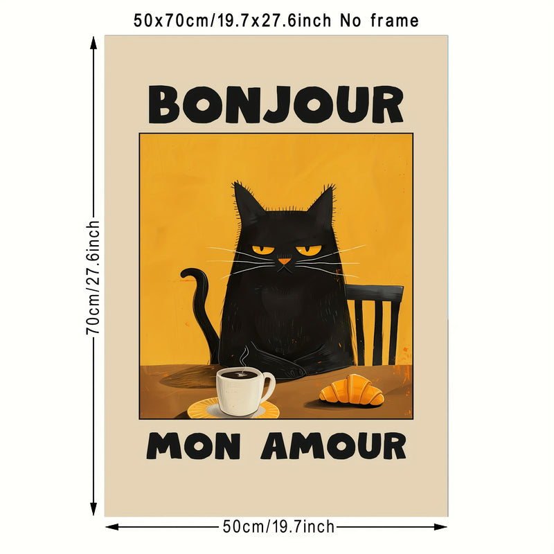 1pc Black Cat Breakfast Art Poster - "Bonjour Mon Amour" Retro Style Wall Decor, Unframed Canvas Print, Suitable for Kitchen, Restaurant or Bedroom, French Theme Cat Pattern, Warm Color, Bedroom Decoration | Contemporary Art