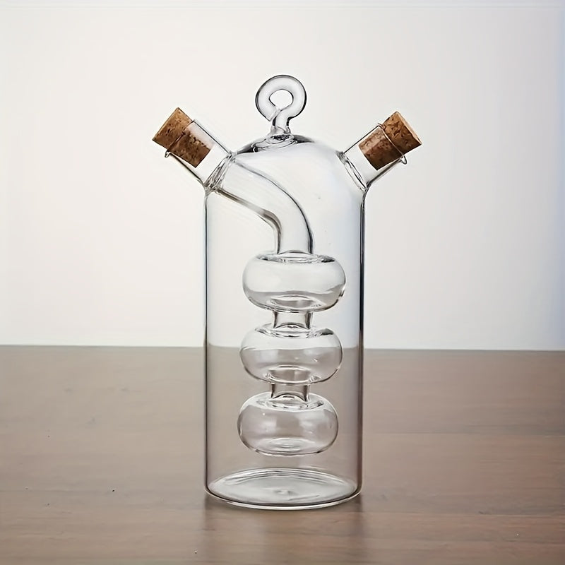 2-in-1 Glass Olive Oil and Vinegar Dispenser with Cork Stopper - Transparent Kitchen Cooking Container, Dual-Spout Design for Easy Measuring, Oil Bottle, Kitchen Supplies, Restaurant Back-of-House Seasoning Container