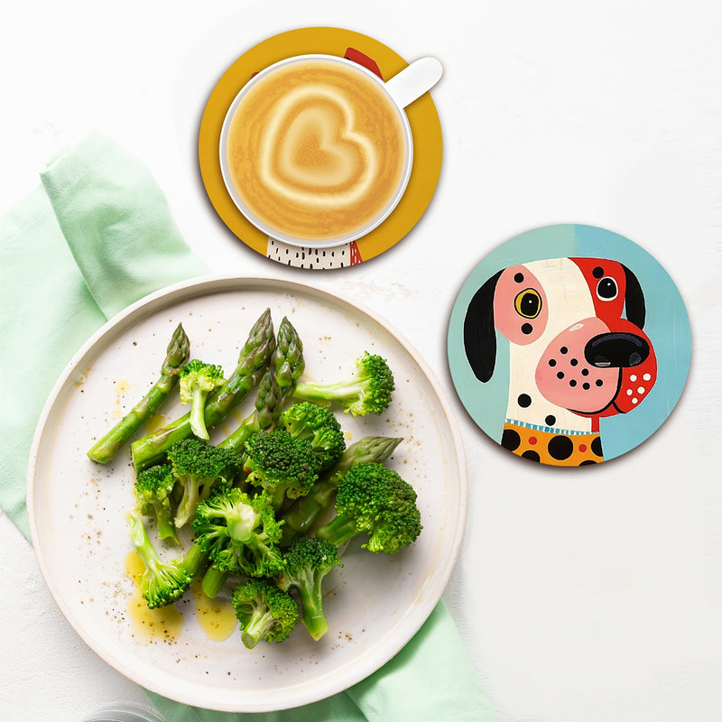 6pcs Charming Dog Illustration Wooden Coasters - 9.98cm Round, Colorful Coffee & Tea Cup Mats, Ideal for Home & Restaurant Decor, Perfect Holiday Gift, Hand Washable, Dog Decor
