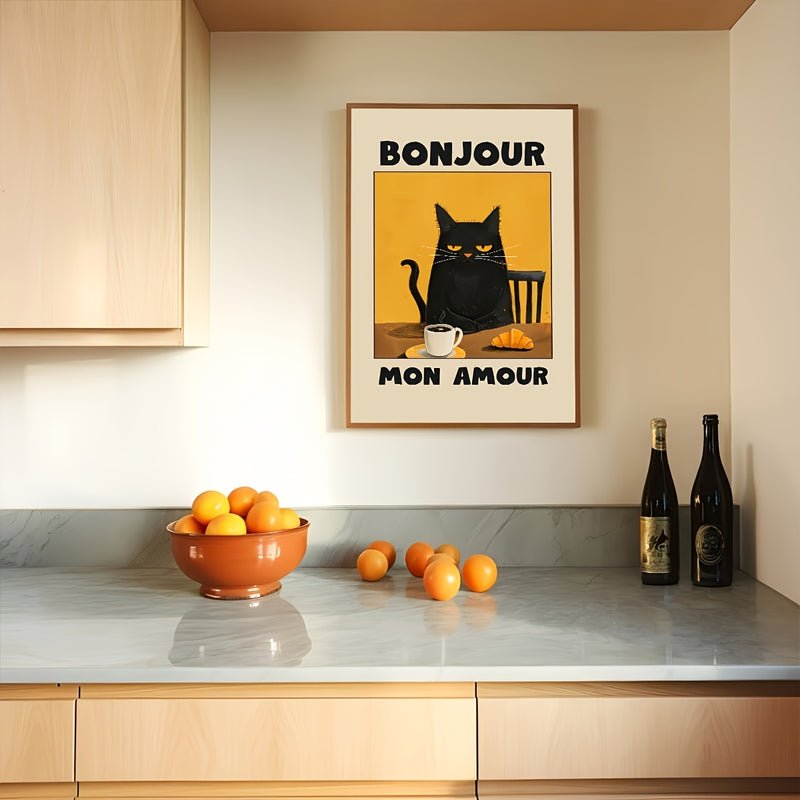 1pc Black Cat Breakfast Art Poster - "Bonjour Mon Amour" Retro Style Wall Decor, Unframed Canvas Print, Suitable for Kitchen, Restaurant or Bedroom, French Theme Cat Pattern, Warm Color, Bedroom Decoration | Contemporary Art