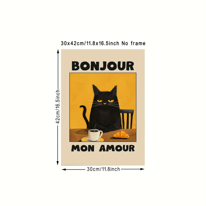 1pc Black Cat Breakfast Art Poster - "Bonjour Mon Amour" Retro Style Wall Decor, Unframed Canvas Print, Suitable for Kitchen, Restaurant or Bedroom, French Theme Cat Pattern, Warm Color, Bedroom Decoration | Contemporary Art