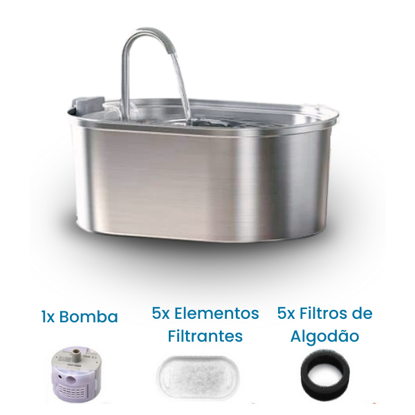 Bebedouro Pet Inox Flow™ — Inox 2L com Filtragem e Fluxo Contínuo Silencioso