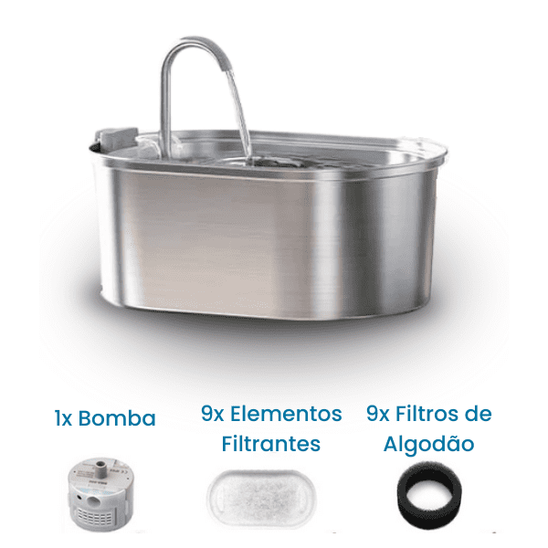 Bebedouro Pet Inox Flow™ — Inox 2L com Filtragem e Fluxo Contínuo Silencioso
