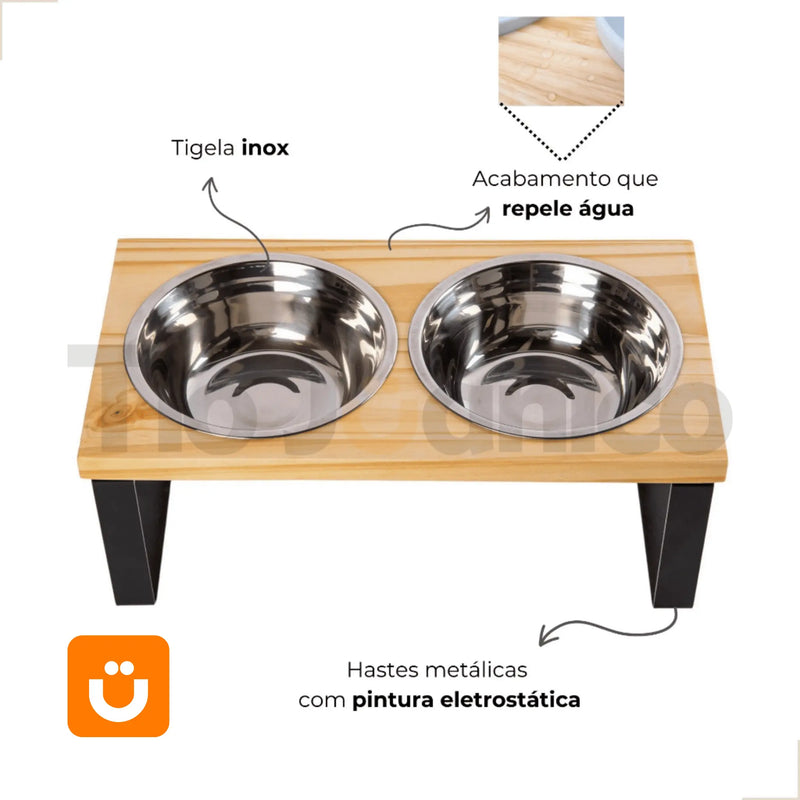 Comedouro Tioeasy Duplo em Madeira e Inox - Pequeno - Tio Juanico