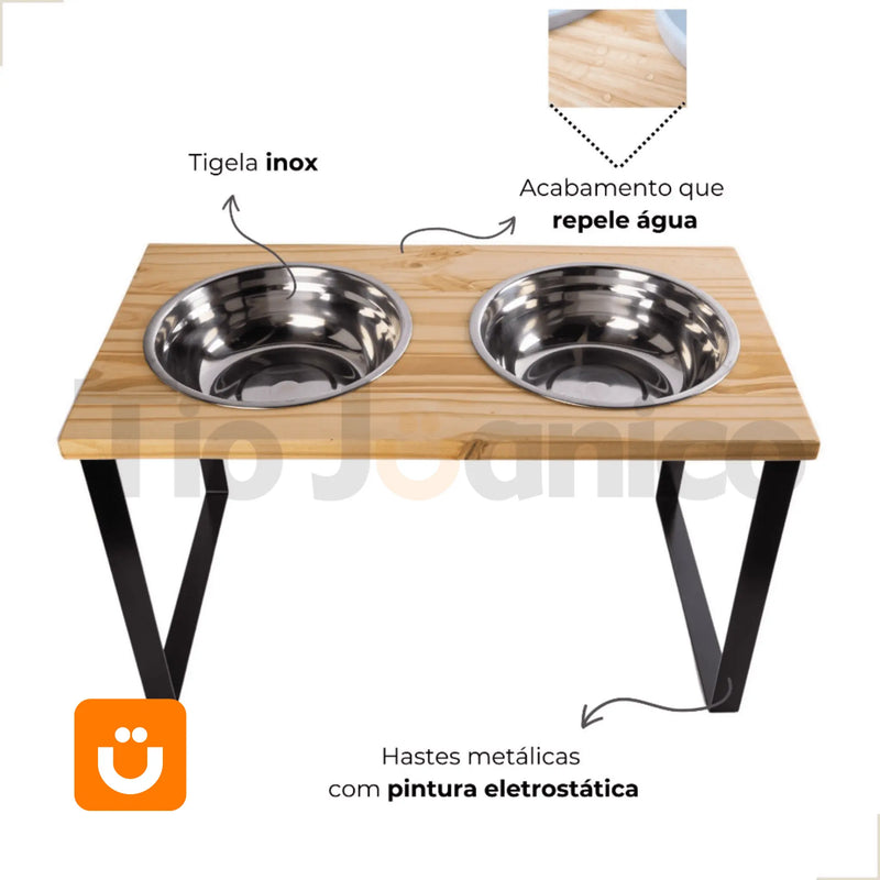 Comedouro Tioeasy Duplo em Madeira e Inox - Médio/Grande - Tio Juanico