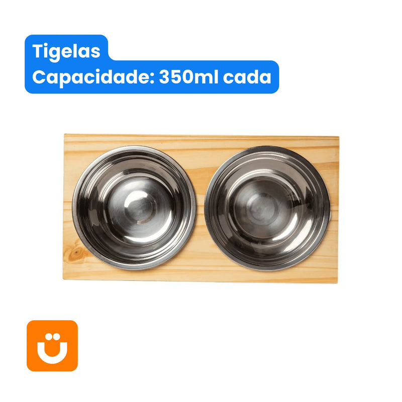 Comedouro Tioeasy Duplo em Madeira e Inox - Pequeno - Tio Juanico