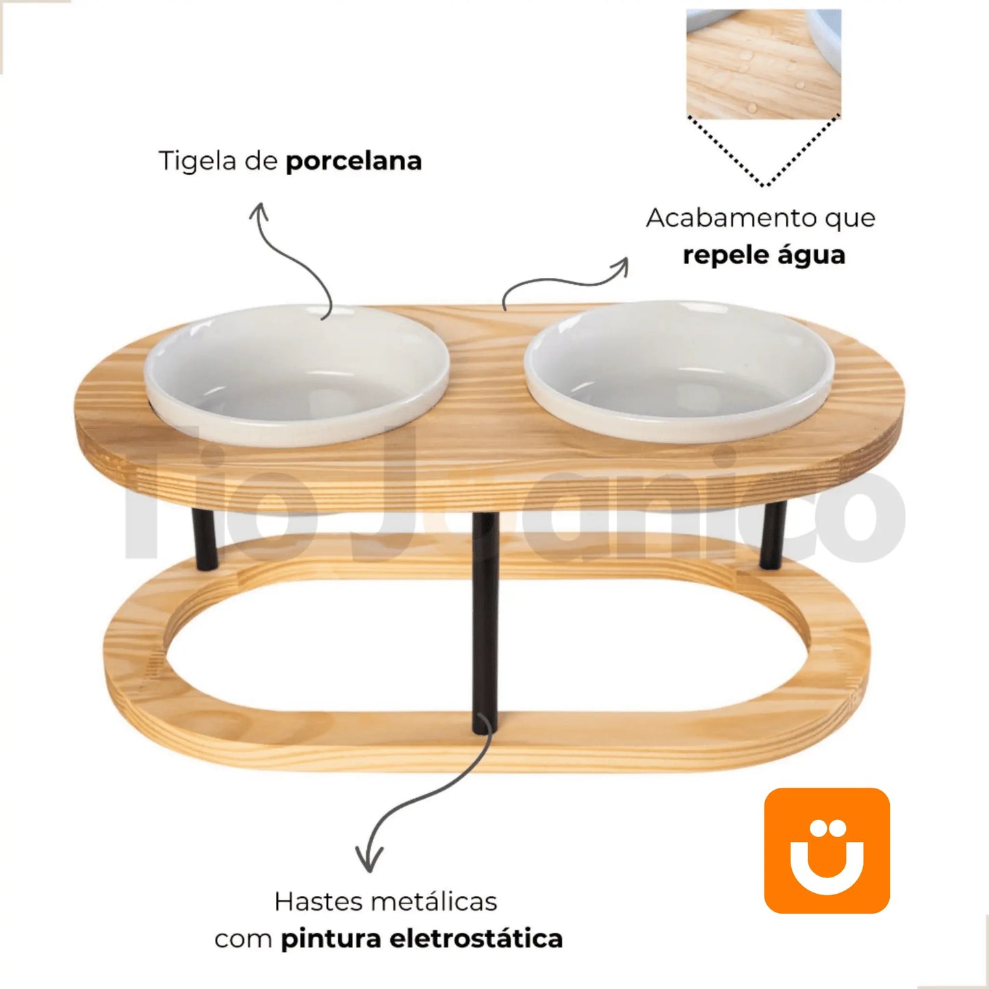Comedouro Tioeasy Duplo em Madeira e Porcelana - Médio/Grande - Tio Juanico