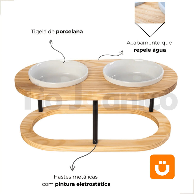 Comedouro Tioeasy Duplo em Madeira e Porcelana - Médio/Grande - Tio Juanico