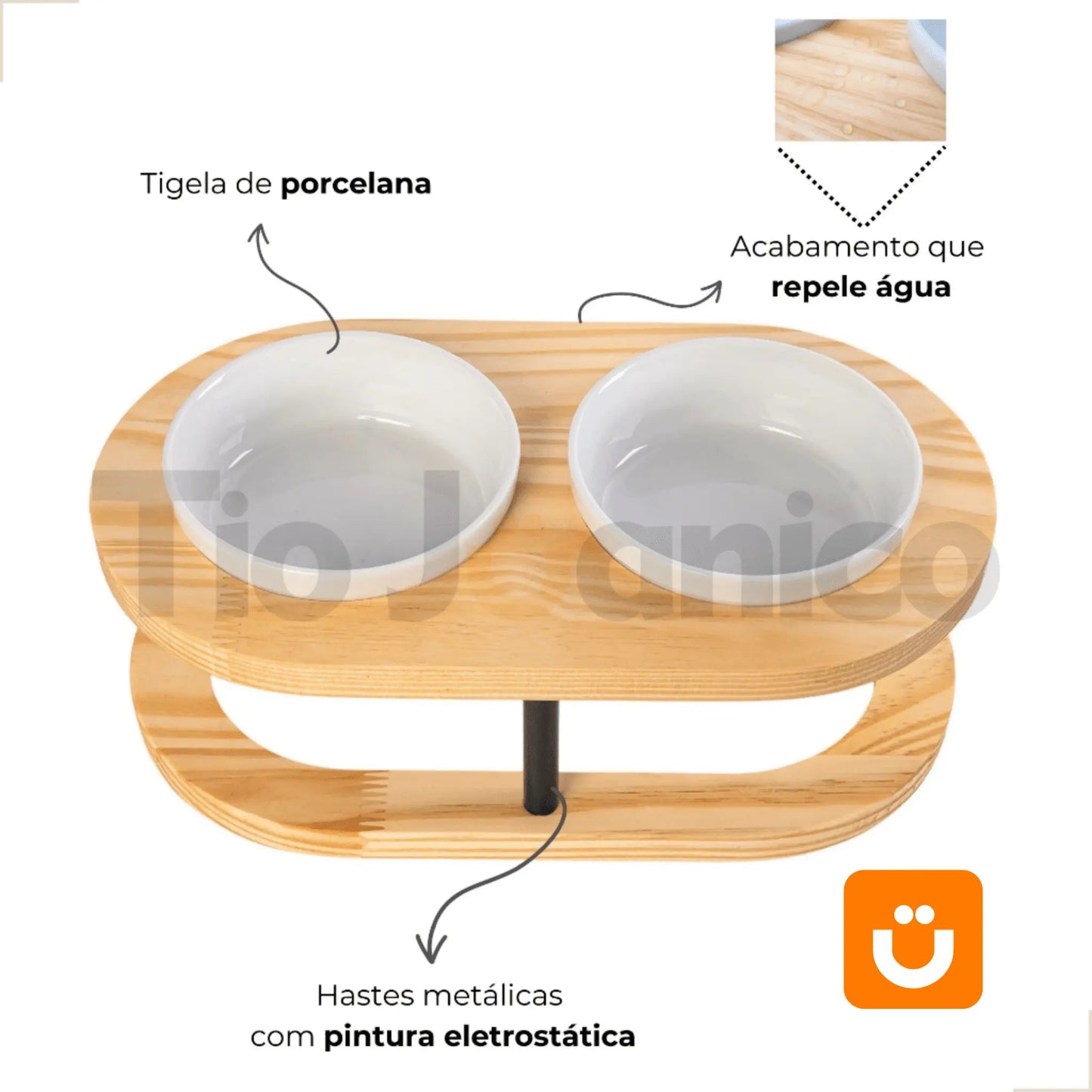 Comedouro Tioeasy™ Duplo em Madeira e Porcelana - Pequeno Tio Juanico