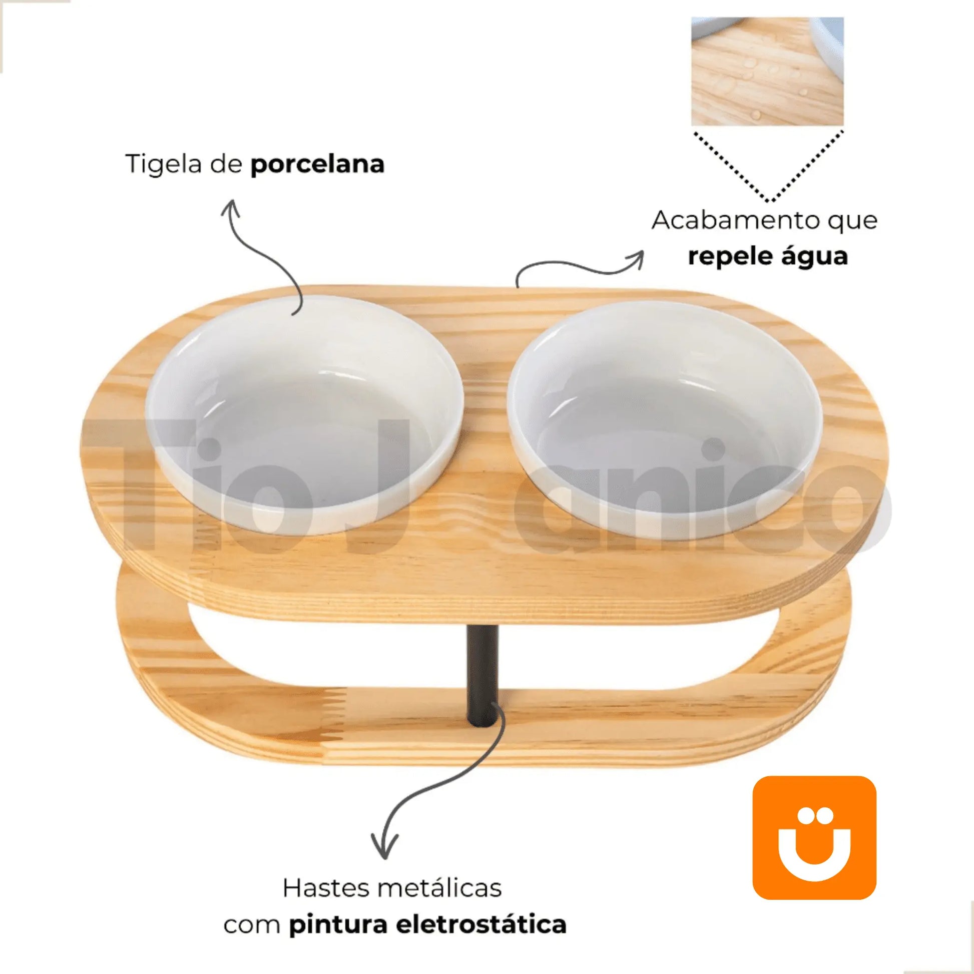 Comedouro Tioeasy™ Duplo em Madeira e Porcelana - Pequeno Tio Juanico