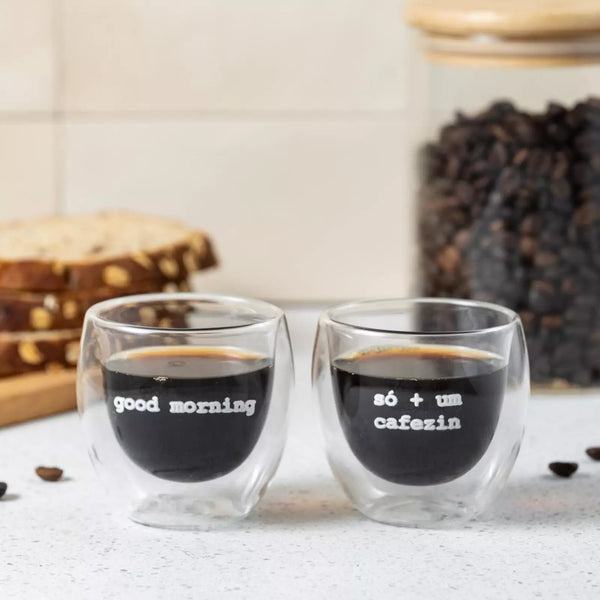Copo de Parede Dupla Tioeasy™ — Um Cafezin / Good Morning 90ml Vidro Borossilicato