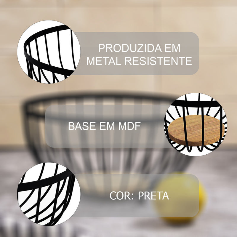Fruteira de Metal Tioeasy™ - Fundo de Madeira Natural - Tio Juanico
