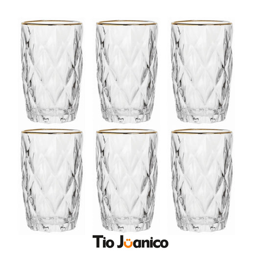 Jogo 6 Copos de Vidro Diamante Tioeasy™ 350ml — Fio de Ouro Elegante e Design Lapidado