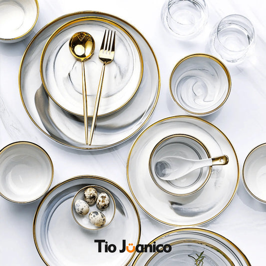 Jogo de Jantar Oriental Tioeasy™ — Porcelana Fina com Pires, Colheres e Bowls em Detalhes Platina