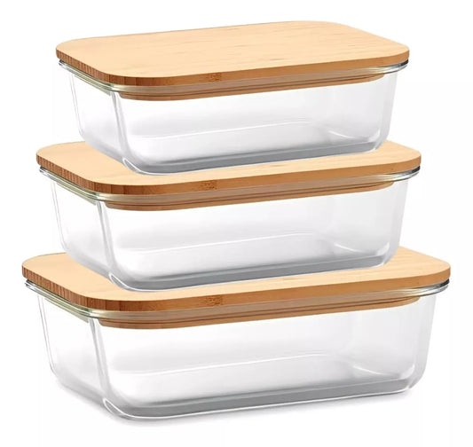 Kit Potes Herméticos de Vidro Tioeasy™ com Tampa de Bambu — 1,5L, 1,1L e 800ml