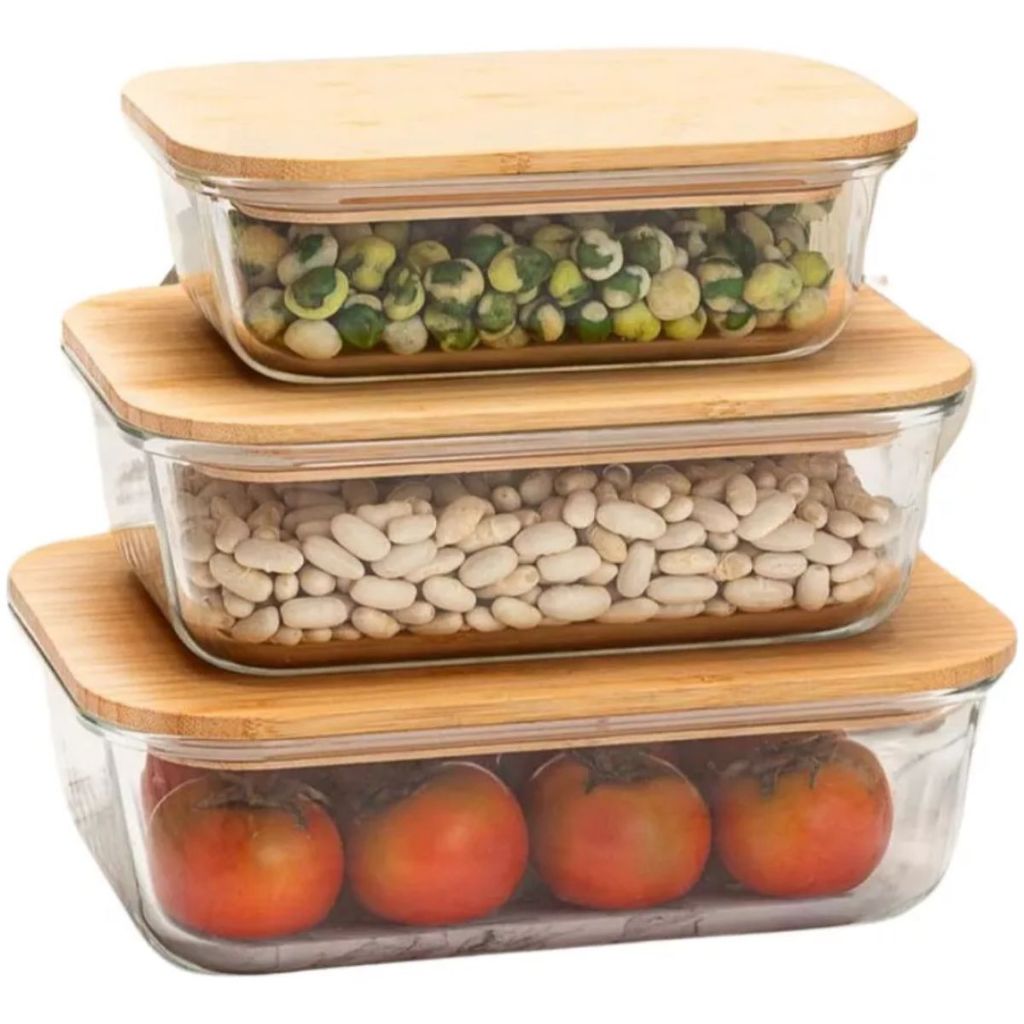 Kit Potes Herméticos de Vidro Tioeasy™ com Tampa de Bambu — 1,5L, 1,1L e 800ml