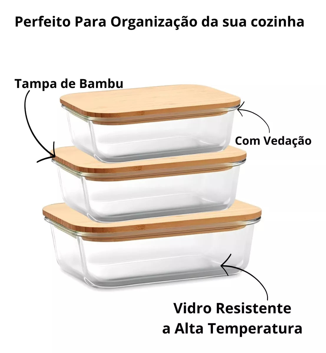 Kit Potes Herméticos de Vidro Tioeasy™ com Tampa de Bambu — 1,5L, 1,1L e 800ml