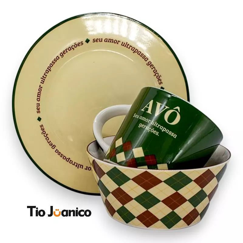 Kit Refeição Completo Avô Xadrez Tioeasy™ — Caneca, Bowl e Prato em Cerâmica
